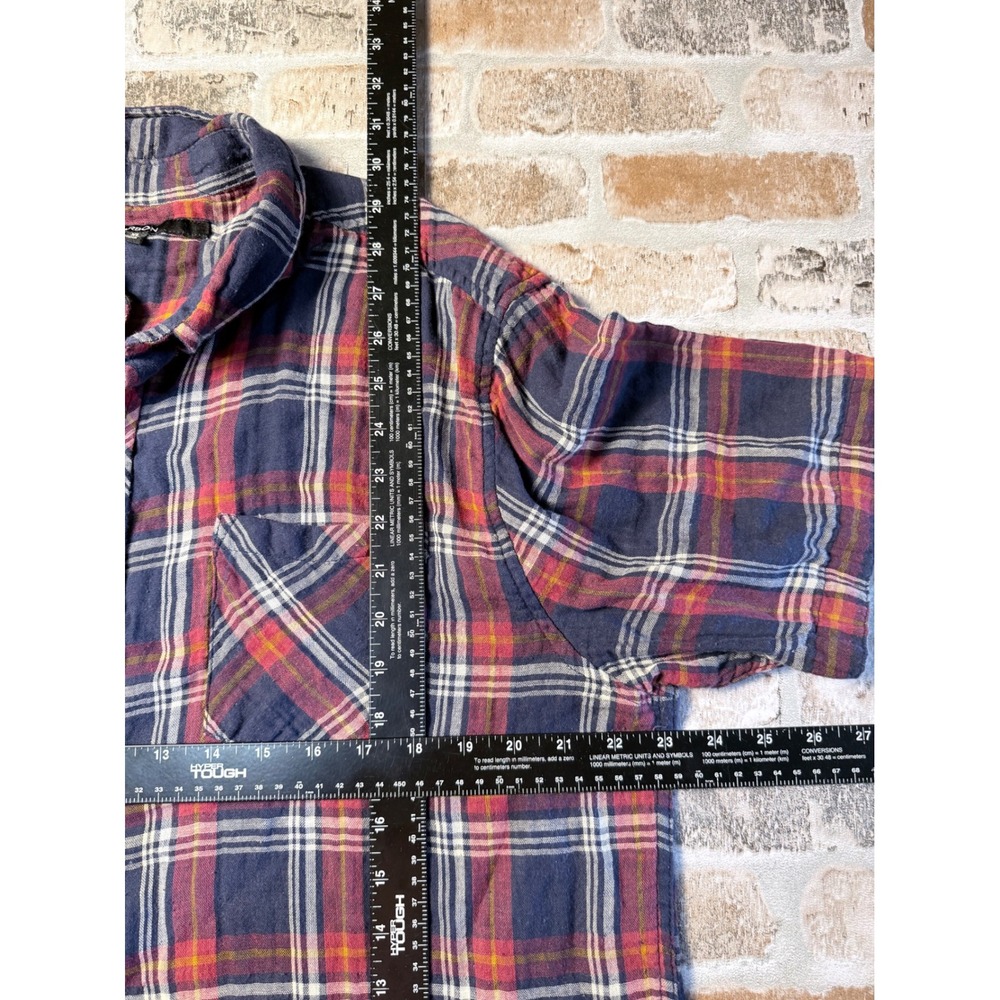 Carbon Mens XL Short Sleeve Plaid Button Down Shirt Navy Blue Red Cotton Casual - Picture 5 of 6